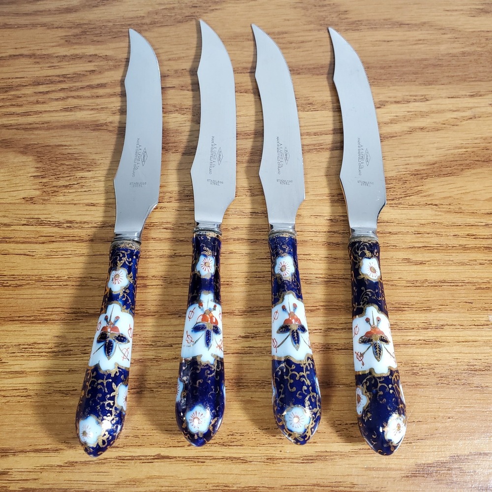 4 Floraine E Lewis Steak Knives Blue Porcelain Sheffield England Stainless